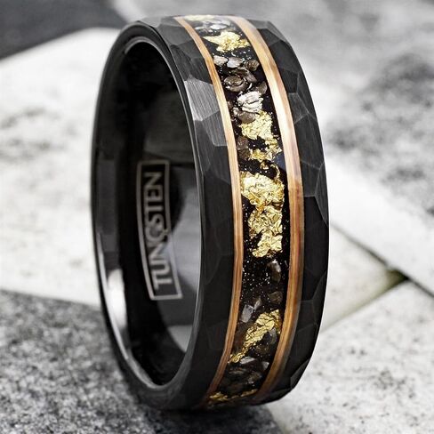 Personalized Engraved 6mm/8mm Brushed Satin Finish Black Tungsten Carbide Faceted Flat Band Ring with Gold Leaf and Black Faux Meteorite Inlay between Rose Gold Stripes. in Saudi Arabia