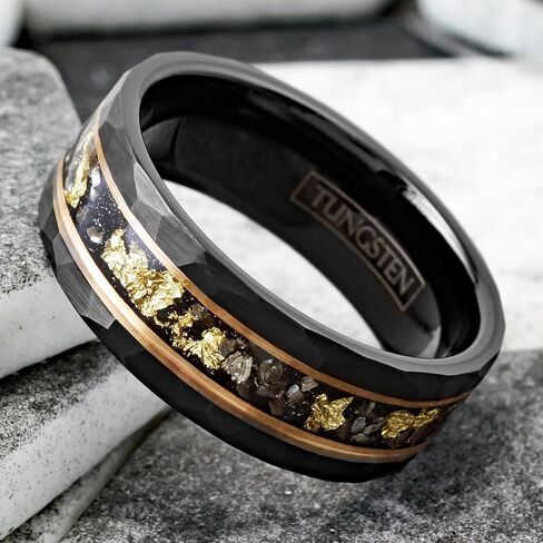 Personalized Engraved 6mm/8mm Brushed Satin Finish Black Tungsten Carbide Faceted Flat Band Ring with Gold Leaf and Black Faux Meteorite Inlay between Rose Gold Stripes. in Saudi Arabia