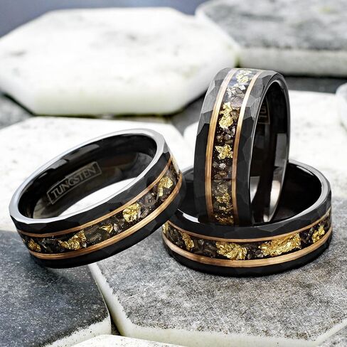 Personalized Engraved 6mm/8mm Brushed Satin Finish Black Tungsten Carbide Faceted Flat Band Ring with Gold Leaf and Black Faux Meteorite Inlay between Rose Gold Stripes. in Saudi Arabia