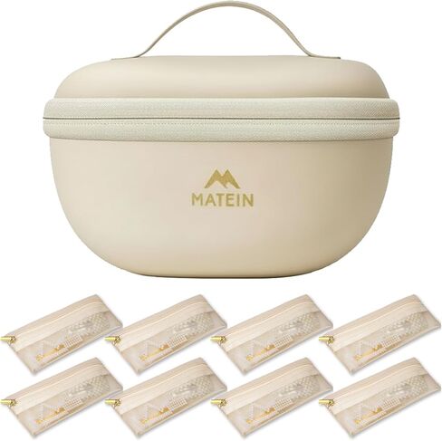 منظم حقيبة مجوهرات السفر من MATEIN مع 8 أكياس بسحاب، حامل مجوهرات سفر على شكل حصاة مع مرآة، حقيبة قلادة من جلد البولي يوريثان خالية من التشابك مع أكياس، صندوق تخزين أنيق لحلقات القرط للنساء in Saudi Arabia