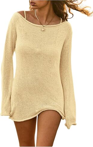 Milumia Women's Sheer Knit Mini Dresses Boat Neck Long Bell Sleeve Swimsuit Cover Up in Saudi Arabia