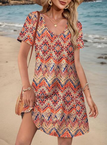 Summer Dresses for Women 2025 Loose V Neck Short Sleeve Casual T Shirt Dress Sundresses Beach Vacation Clothes for Women in Saudi Arabia