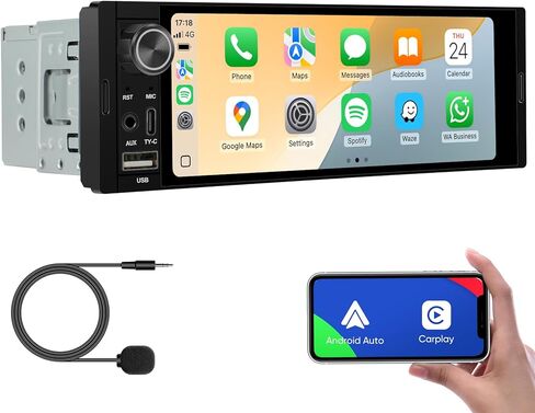 6.36-Inch Single Din Touchscreen Car Stereo - Linux System Single Din Wired/Wireless Carplay Android Auto,1080P HD GPS Navigation Handsfree Calling, SWC/FM/AM/BT in Kuwait