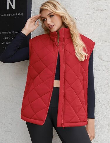 Zeagoo Womens Oversized Puffer Vest Zip Up Stand Collar Lightweight Sleeveless Warm Outerwear Padded Jacket Winter Coat Red M in Saudi Arabia