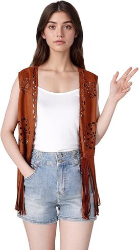 سترة choyaxo النسائية ذات هامش 60s 70s Hippie Vest بدون أكمام راعية البقر الغربية من جلد الغزال الصناعي شرابة in Kuwait