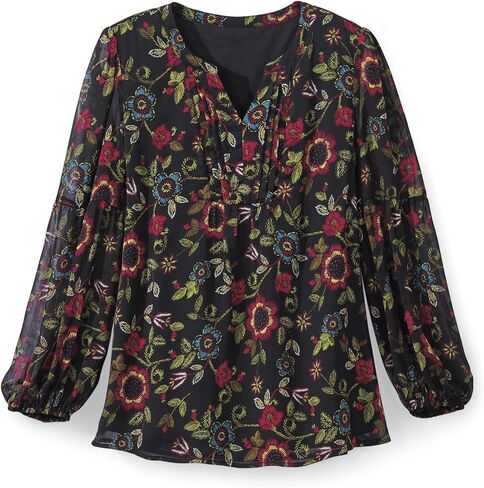 Floral Chiffon Top for Women, Flower Printed Blouse with Long Lantern Sleeves, Casual Tunic Shirt for Work in Saudi Arabia
