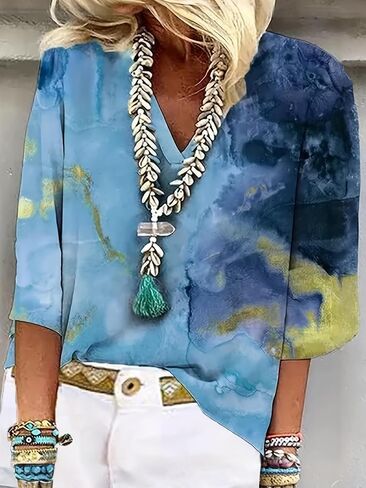 Plus Size Women 3/4 Long Sleeve Tie Dye Tops V Neck Tunic T-Shirt 2025 Graphic Tees in Saudi Arabia
