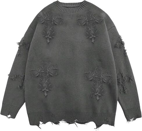 Men's Gothic Grunge Ripped Sweaters Distressed Long Sleeve Vintage Loose Pullover Sweaters in Saudi Arabia