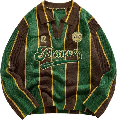 WDIRARA Men's Striped Sweater Letter Graphic Long Sleeve Collared V Neck Preppy Pullover Knit Tops in Saudi Arabia