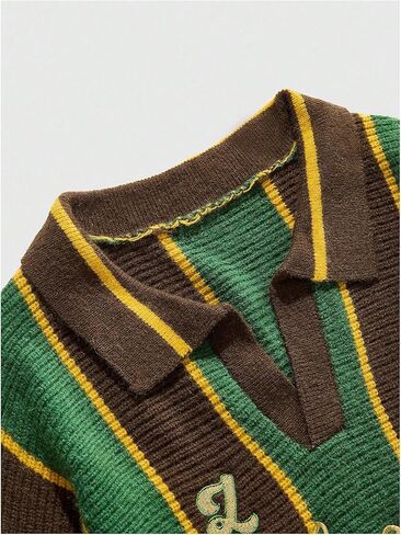 WDIRARA Men's Striped Sweater Letter Graphic Long Sleeve Collared V Neck Preppy Pullover Knit Tops in Saudi Arabia