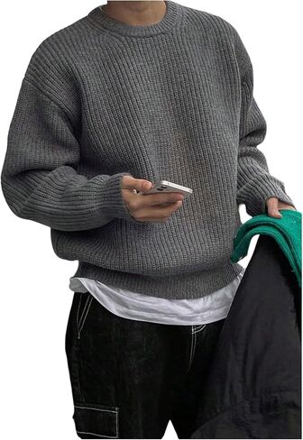 OYOANGLE Men's Crewneck Sweater Long Sleeve Drop Shoulder Loose Pullover Sweaters in Saudi Arabia