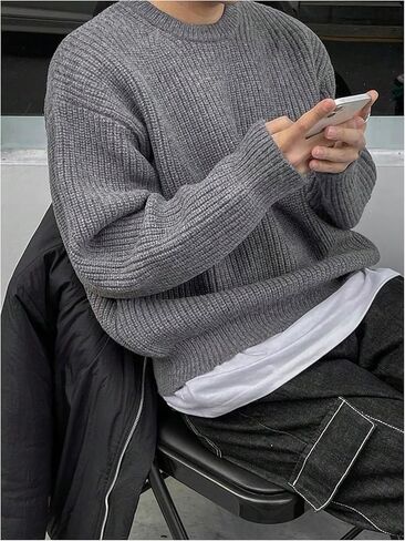 OYOANGLE Men's Crewneck Sweater Long Sleeve Drop Shoulder Loose Pullover Sweaters in Saudi Arabia