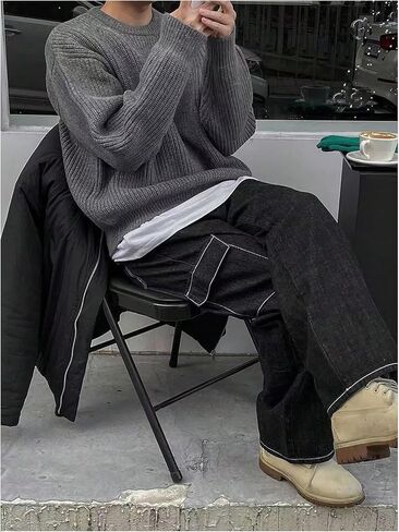 OYOANGLE Men's Crewneck Sweater Long Sleeve Drop Shoulder Loose Pullover Sweaters in Saudi Arabia