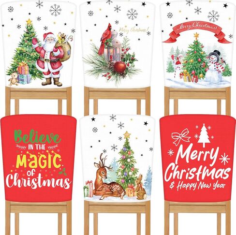 6 Pcs Christmas Chair Back Covers Merry Christmas Dining Room Slipcover Xmas Tree Santa Snowman Snowflake Red White Removable Washable Stretch Chair Protector for Decor Home Party 23'' x 19'' in Saudi Arabia
