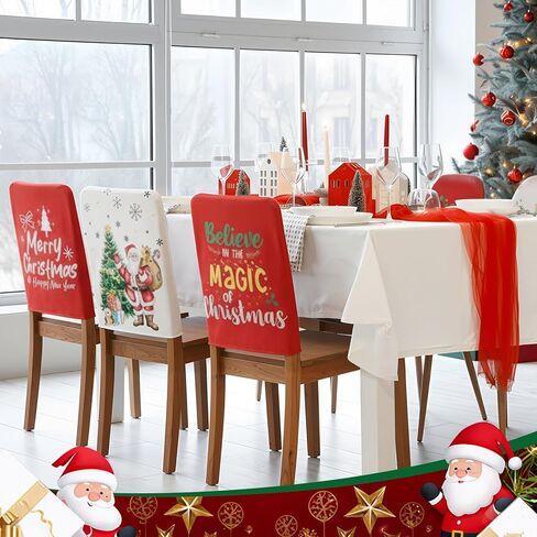 6 Pcs Christmas Chair Back Covers Merry Christmas Dining Room Slipcover Xmas Tree Santa Snowman Snowflake Red White Removable Washable Stretch Chair Protector for Decor Home Party 23'' x 19'' in Saudi Arabia