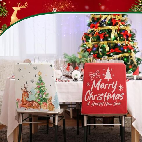 6 Pcs Christmas Chair Back Covers Merry Christmas Dining Room Slipcover Xmas Tree Santa Snowman Snowflake Red White Removable Washable Stretch Chair Protector for Decor Home Party 23'' x 19'' in Saudi Arabia