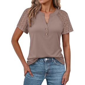 ANRABESS Womens Short Sleeve Lace Shirts 2026 Summer Henley V Neck Blouse Business Casual Top Spring Cute Work Trendy Clothes in Kuwait