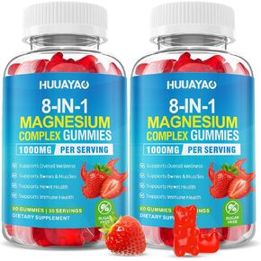 علكات مركب المغنيسيوم للنساء والرجال 8 في 1، جليسينات المغنيسيوم، سيترات، مالات، تورات، للعظام، العضلات، صحة الأعصاب، خالية من السكر، نباتي غير معدل وراثيًا، نكهة الفراولة، 120 قطعة in Kuwait