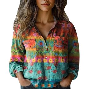 Womens Fall Boho Tops 2025 Retro Print Shirts Long Sleeve Casual Vacation Outfits Button Down Dressy Blouse Plus Size in Kuwait