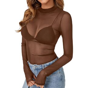KIFOVEN Women’s Sheer Mesh Top Long Sleeve Mock Neck See Through Sexy Bodycon T Shirt Blouse Clubwear in Saudi Arabia