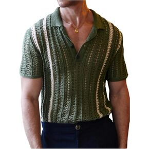 Verdusa Men's Striped Color Block Sweater Half Button Short Sleeve Collar V Neck Knitwear in Kuwait
