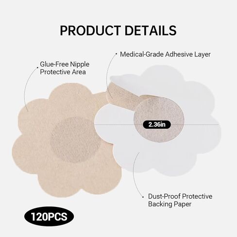 120-Pack Disposable Nipple Covers for Women – Invisible Self-Adhesive Breast Pads, Lightweight Non-Woven Nipple Shields, Comfortable & Breathable, 2.36" Diameter Beige in Saudi Arabia