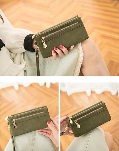 Women's Genuine Leather Zipper Wallet with Large Storage Capacity Multiple Card Slots and Secure Closure (#06 Olive Green) in Saudi Arabia