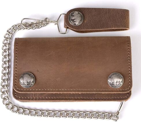 Milwaukee Leather MLW7827 Men's 6" Brown Leather Bi-Fold Biker Wallet w/Anti-Theft Stainless Steel Chain and Buffalo Nickel Snaps - 6 Inch in Saudi Arabia