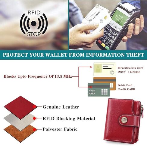 محفظة ثلاثية الطي بخاصية حجب RFID للنساء من الجلد الطبيعي مع نافذة شفافة لبطاقة الهوية وتنظيم آمن للبطاقات (أحمر) in Kuwait