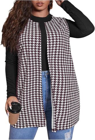 Milumia Women's Plus Size Houndstooth Print Blazers Sleeveless Open Front Coats Vest in Saudi Arabia