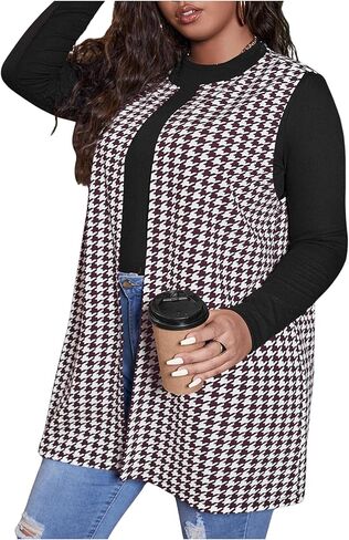 Milumia Women's Plus Size Houndstooth Print Blazers Sleeveless Open Front Coats Vest in Saudi Arabia