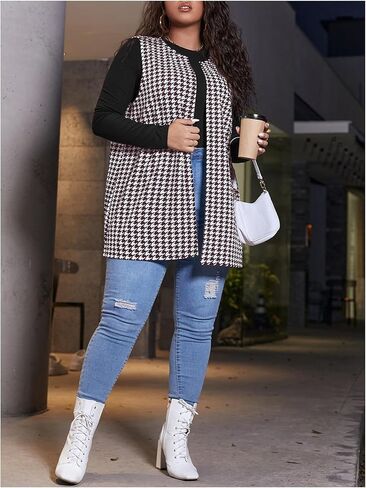 Milumia Women's Plus Size Houndstooth Print Blazers Sleeveless Open Front Coats Vest in Saudi Arabia