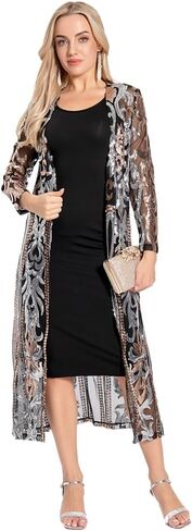 Women's Fashion Duster Cardigan Sparkle Sequins Long Sleeve Open Front Coat Dress Party Prom Cover Up in Saudi Arabia