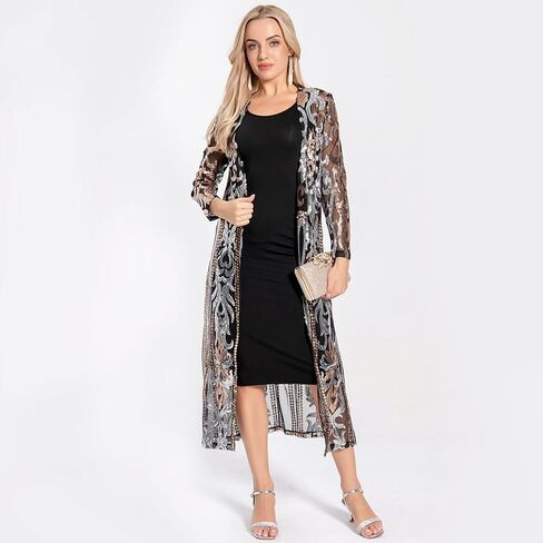 Women's Fashion Duster Cardigan Sparkle Sequins Long Sleeve Open Front Coat Dress Party Prom Cover Up in Saudi Arabia