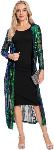 Women's Fashion Duster Cardigan Sparkle Sequins Long Sleeve Open Front Coat Dress Party Prom Cover Up in Saudi Arabia