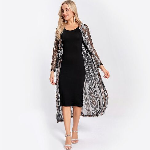 Women's Fashion Duster Cardigan Sparkle Sequins Long Sleeve Open Front Coat Dress Party Prom Cover Up in Saudi Arabia