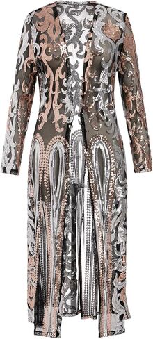 Women's Fashion Duster Cardigan Sparkle Sequins Long Sleeve Open Front Coat Dress Party Prom Cover Up in Saudi Arabia