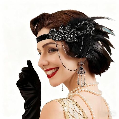 Tongcloud 1920s Flapper Feather Headband with Rhinestones Beaded Great Gatsby Headpiece for Women Showgirl Halloween Cosplay Party (Wine red, Medium) in Saudi Arabia