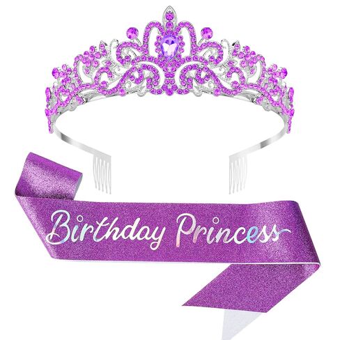 Birthday Princess Crown, Birthday Princess Headband Tiara Sash Accessories Set for Women, Pink Crown Sash Decorations Party Favors in Saudi Arabia
