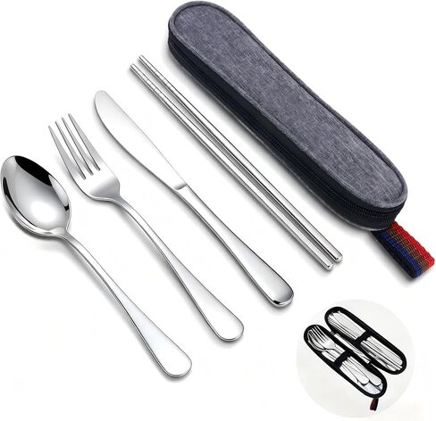 Reusable Travel Utensils Set with Case, Premium Stainless Steel Flatware, Portable Silverware for Lunch, Camping, Picnic, Travel Fork and Spoon Set, To Go Utensils, Dishwasher Safe in Kuwait