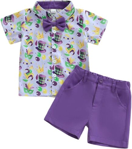 Toddler Baby Boy Mardi Gras Outfit Button Down Short Sleeve Bowtie Shirt Tops Shorts 2Pcs Clothes Set Summer Outfits in Saudi Arabia