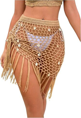 WDIRARA Women's Crochet Hollow Out Beach Skirts Sheer Shell Fringe Hem Cover Up Skirts in Saudi Arabia