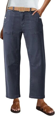 Flamingals Straight Mid Waist Barrel Pants Casual Button Fly Cropped Pants for Women in Kuwait