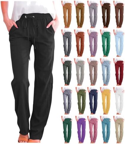Womens Casual Cotton Linen Pants Lightweight Summer Relax Fit Elastic Waist Straight Leg Plus Size Solid Lounge Long Trousers in Saudi Arabia