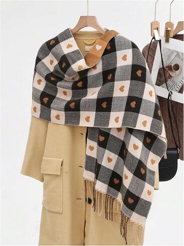 Floerns Women's Cute Heart Checkered Plaid Neck Scarf Warm Knitted Shawl Wraps Fall Winter Scarves in Saudi Arabia