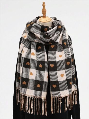 Floerns Women's Cute Heart Checkered Plaid Neck Scarf Warm Knitted Shawl Wraps Fall Winter Scarves in Saudi Arabia