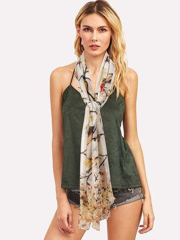 Lightweight Floral Birds Scarves for Woman, Long Lady Scarf, Soft Cotton Feels Shawl Wraps, Bird Accessory in Saudi Arabia