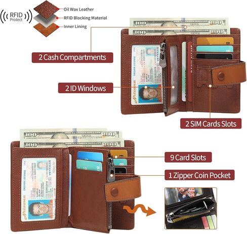 GAEKEAO Genuine Leather Wallets for Men with Zipper, RFID Blocking Mens Wallet with Coin Pouch, Bifold Wallet with 2 ID Windows in Gift Box, Billeteras de Hombres in Saudi Arabia