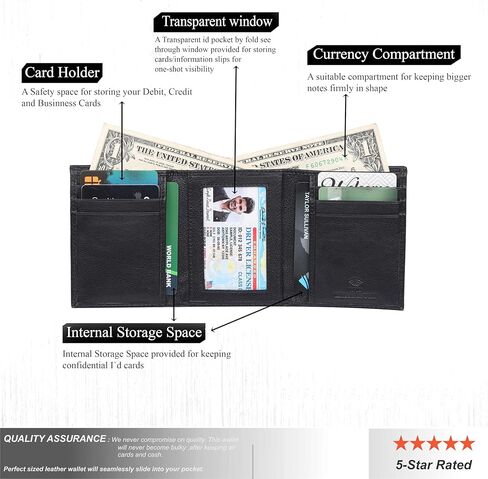 Black Leather Wallet – TrifoldCard Holder | Real Genuine Leather Mens Wallet | RFID Secure | Fits 8 Cards | Tap to Pay Feature | Quality Credit Card Holder in Saudi Arabia