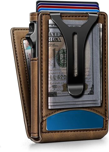Genuine Leather Wallet for Men Slim Magnetic Flip Bifold with Money Clip and Metal Card Case Holds 9 Cards Ideal for Gifts and Daily Use (Coffee) in Saudi Arabia
